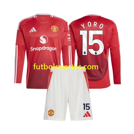 Camiseta Manchester United Leny Yoro 15 Niño Primera Equipación 2024/2025 Manga Larga